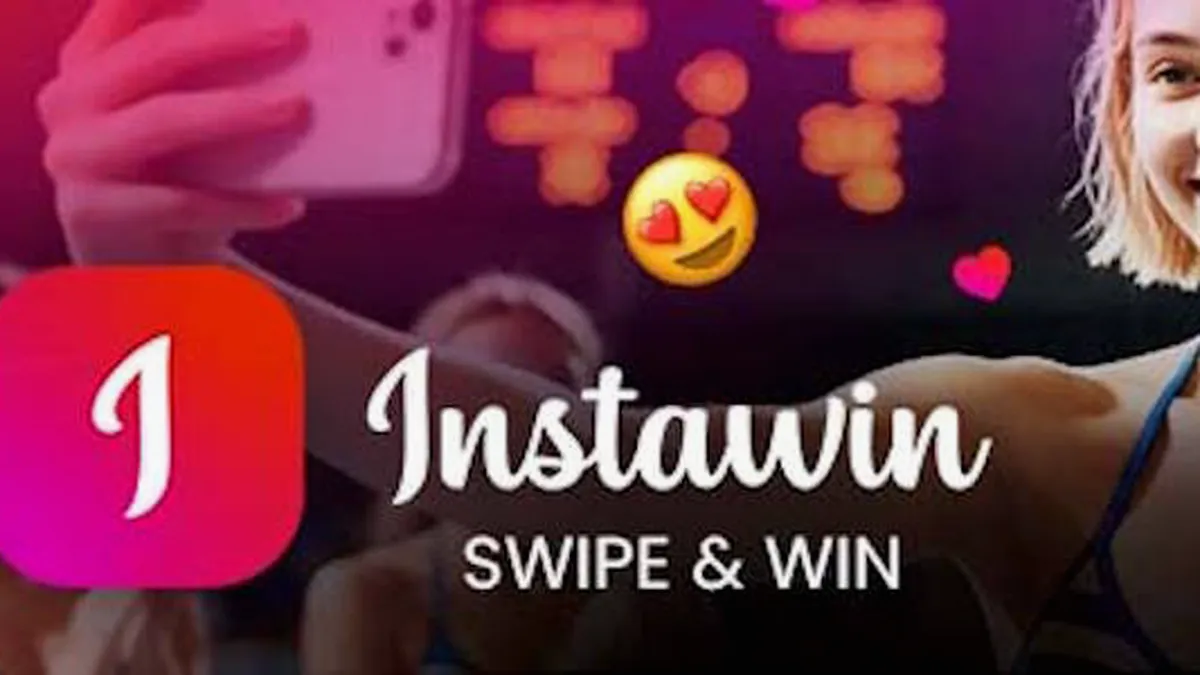 Instawin mobile game interface na may swipe-based postcard design